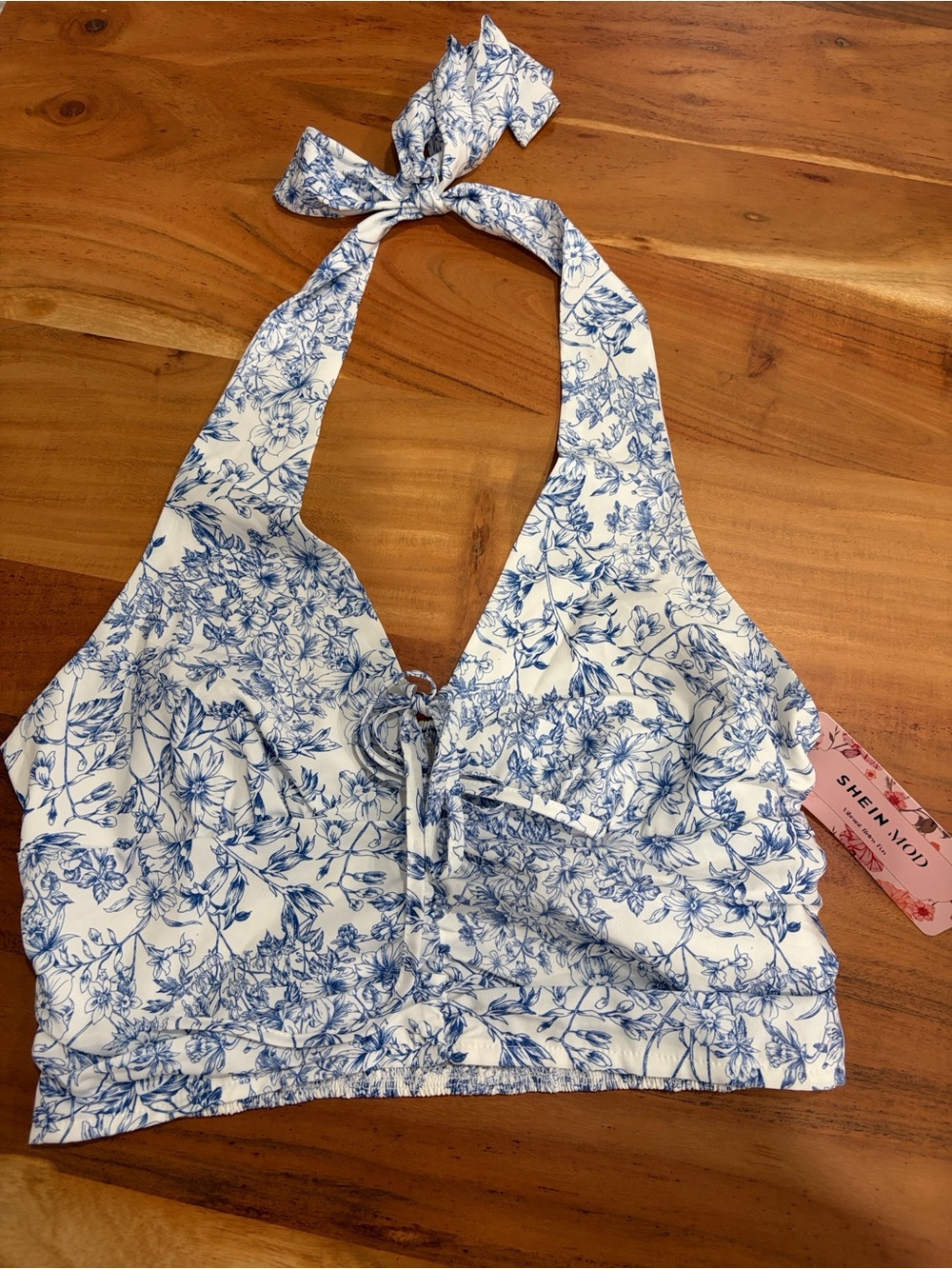 SHEIN White Halter Crop Top with Blue Floral Print